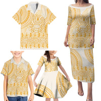 Niue Language Week Family Matching Puletasi and Hawaiian Shirt The Rock Coconut Crab - Siapo Gold Pastel LT14 - Polynesian Pride