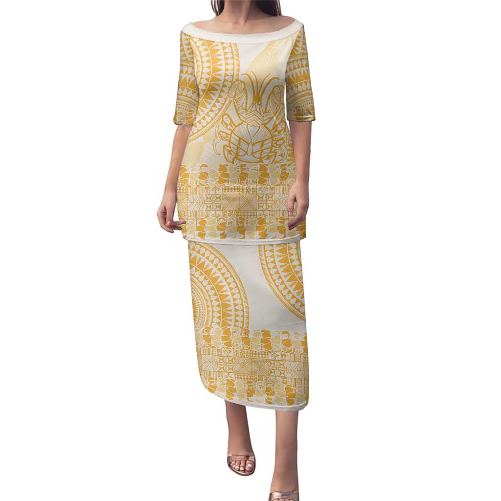 Niue Language Week Family Matching Puletasi and Hawaiian Shirt The Rock Coconut Crab - Siapo Gold Pastel LT14 Mom's Dress Gold - Polynesian Pride