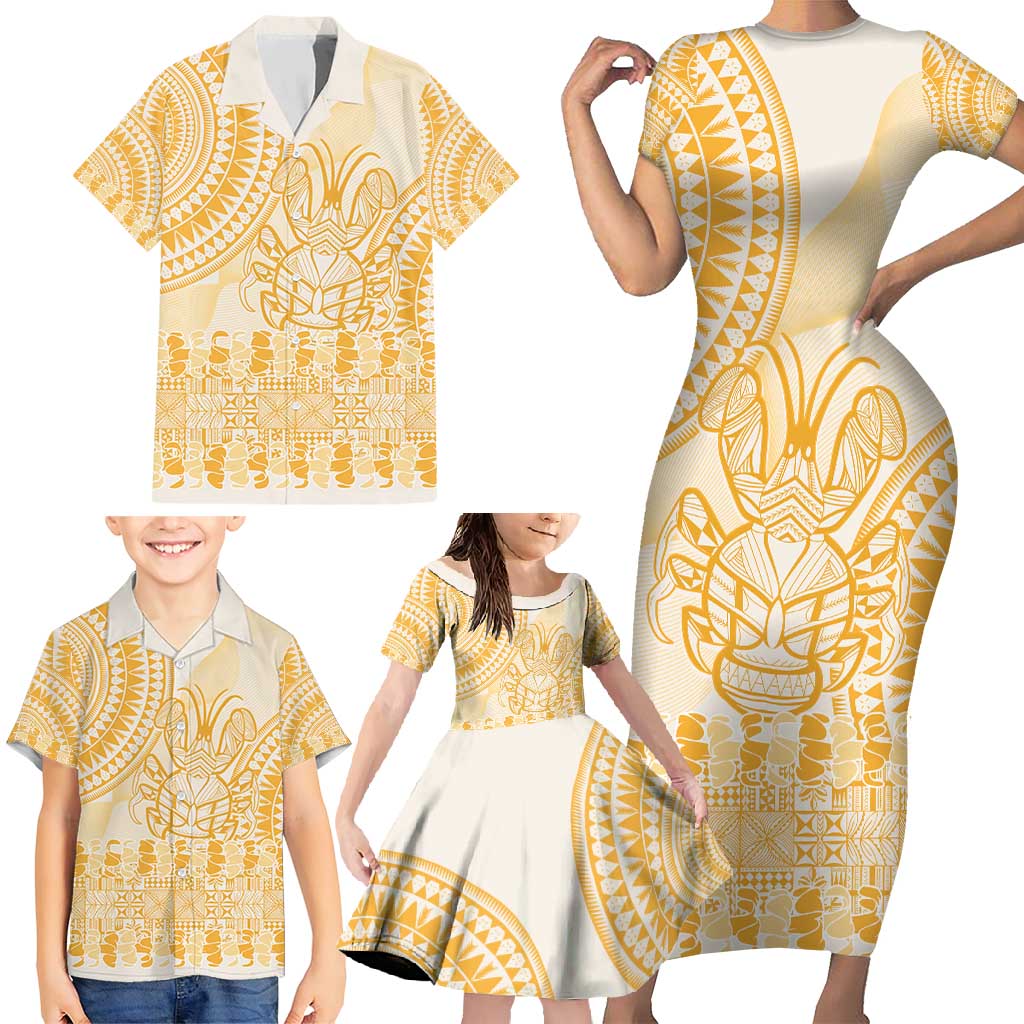 Niue Language Week Family Matching Short Sleeve Bodycon Dress and Hawaiian Shirt The Rock Coconut Crab - Siapo Gold Pastel LT14 - Polynesian Pride