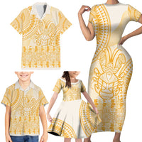 Niue Language Week Family Matching Short Sleeve Bodycon Dress and Hawaiian Shirt The Rock Coconut Crab - Siapo Gold Pastel LT14 - Polynesian Pride