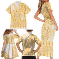 Niue Language Week Family Matching Short Sleeve Bodycon Dress and Hawaiian Shirt The Rock Coconut Crab - Siapo Gold Pastel LT14 - Polynesian Pride