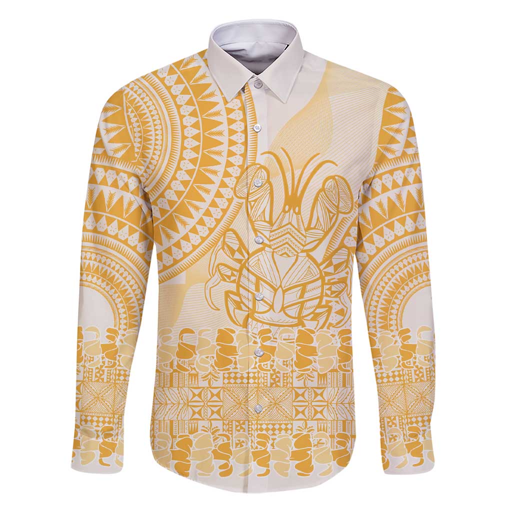Niue Language Week Family Matching Short Sleeve Bodycon Dress and Hawaiian Shirt The Rock Coconut Crab - Siapo Gold Pastel LT14 Dad's Shirt - Long Sleeve Gold - Polynesian Pride
