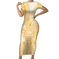 Niue Language Week Family Matching Short Sleeve Bodycon Dress and Hawaiian Shirt The Rock Coconut Crab - Siapo Gold Pastel LT14 Mom's Dress Gold - Polynesian Pride
