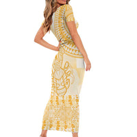 Niue Language Week Family Matching Short Sleeve Bodycon Dress and Hawaiian Shirt The Rock Coconut Crab - Siapo Gold Pastel LT14 - Polynesian Pride