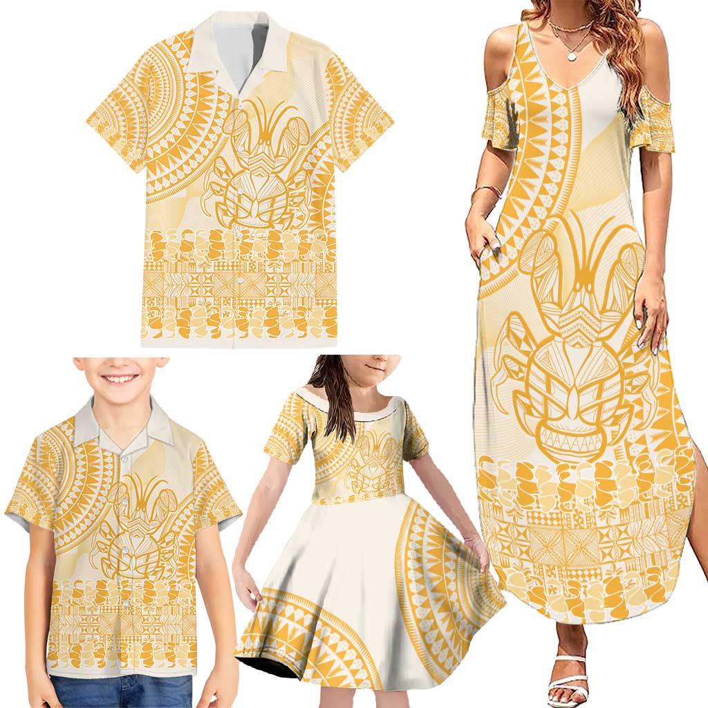 Niue Language Week Family Matching Summer Maxi Dress and Hawaiian Shirt The Rock Coconut Crab - Siapo Gold Pastel LT14 - Polynesian Pride