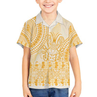Niue Language Week Family Matching Summer Maxi Dress and Hawaiian Shirt The Rock Coconut Crab - Siapo Gold Pastel LT14 Son's Shirt Gold - Polynesian Pride