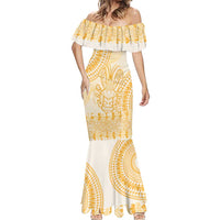 Niue Language Week Mermaid Dress The Rock Coconut Crab - Siapo Gold Pastel LT14 - Polynesian Pride