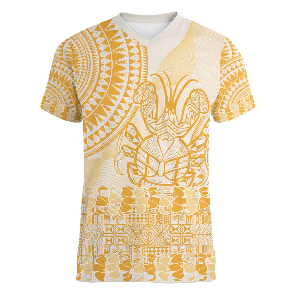 Niue Language Week Women V-Neck T-Shirt The Rock Coconut Crab - Siapo Gold Pastel LT14 Female Gold - Polynesian Pride