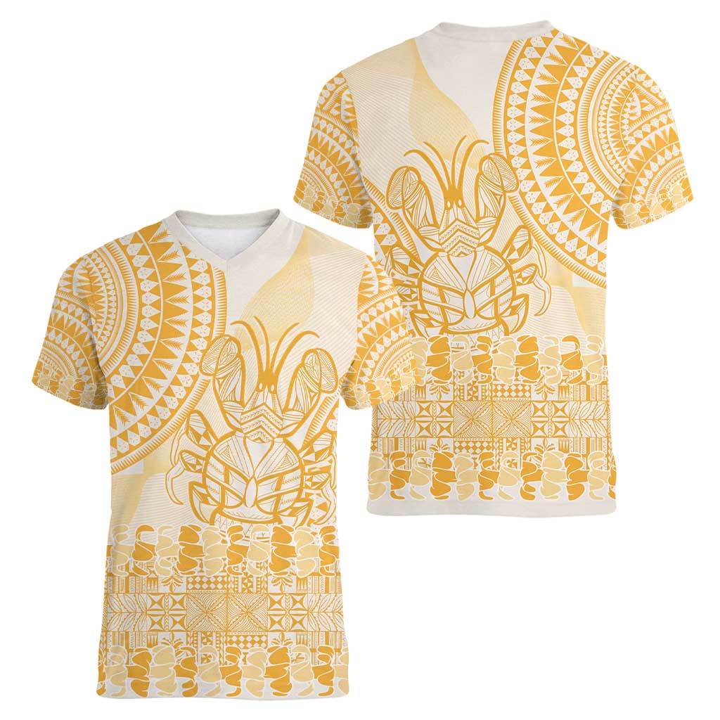 Niue Language Week Women V-Neck T-Shirt The Rock Coconut Crab - Siapo Gold Pastel LT14 - Polynesian Pride