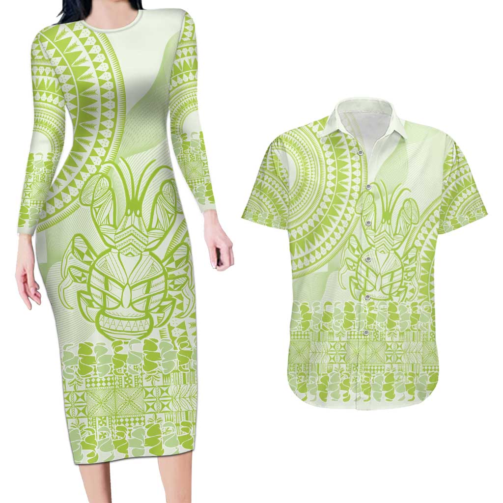 Lime Green Niue Language Week Couples Matching Long Sleeve Bodycon Dress and Hawaiian Shirt The Rock Coconut Crab - Siapo Pattern LT14 Lime Green - Polynesian Pride