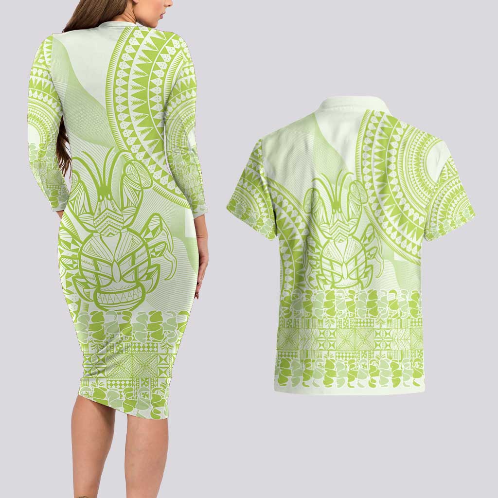 Lime Green Niue Language Week Couples Matching Long Sleeve Bodycon Dress and Hawaiian Shirt The Rock Coconut Crab - Siapo Pattern LT14 - Polynesian Pride