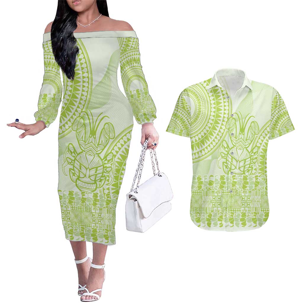 Lime Green Niue Language Week Couples Matching Off The Shoulder Long Sleeve Dress and Hawaiian Shirt The Rock Coconut Crab - Siapo Pattern LT14 Lime Green - Polynesian Pride