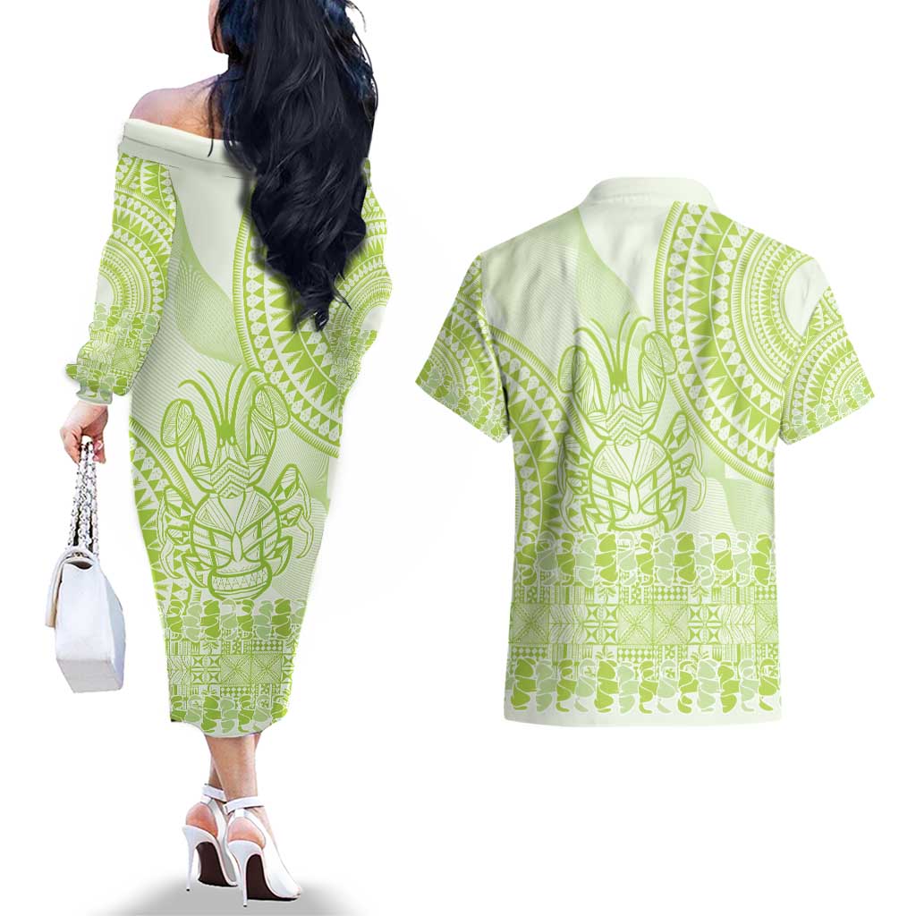 Lime Green Niue Language Week Couples Matching Off The Shoulder Long Sleeve Dress and Hawaiian Shirt The Rock Coconut Crab - Siapo Pattern LT14 - Polynesian Pride