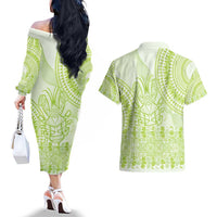 Lime Green Niue Language Week Couples Matching Off The Shoulder Long Sleeve Dress and Hawaiian Shirt The Rock Coconut Crab - Siapo Pattern LT14 - Polynesian Pride