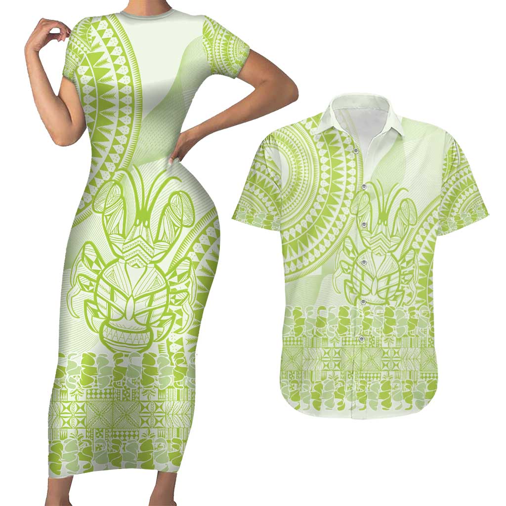 Lime Green Niue Language Week Couples Matching Short Sleeve Bodycon Dress and Hawaiian Shirt The Rock Coconut Crab - Siapo Pattern LT14 Lime Green - Polynesian Pride