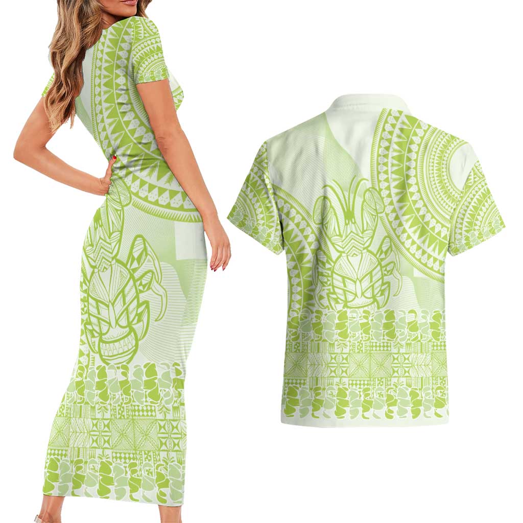 Lime Green Niue Language Week Couples Matching Short Sleeve Bodycon Dress and Hawaiian Shirt The Rock Coconut Crab - Siapo Pattern LT14 - Polynesian Pride
