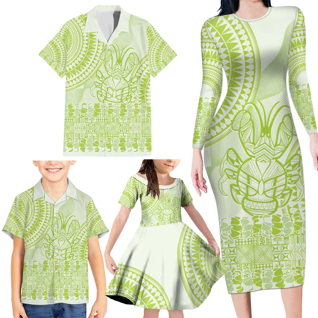 Lime Green Niue Language Week Family Matching Long Sleeve Bodycon Dress and Hawaiian Shirt The Rock Coconut Crab - Siapo Pattern LT14 - Polynesian Pride