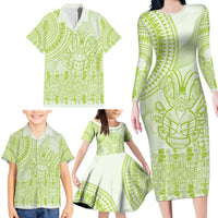Lime Green Niue Language Week Family Matching Long Sleeve Bodycon Dress and Hawaiian Shirt The Rock Coconut Crab - Siapo Pattern LT14 - Polynesian Pride