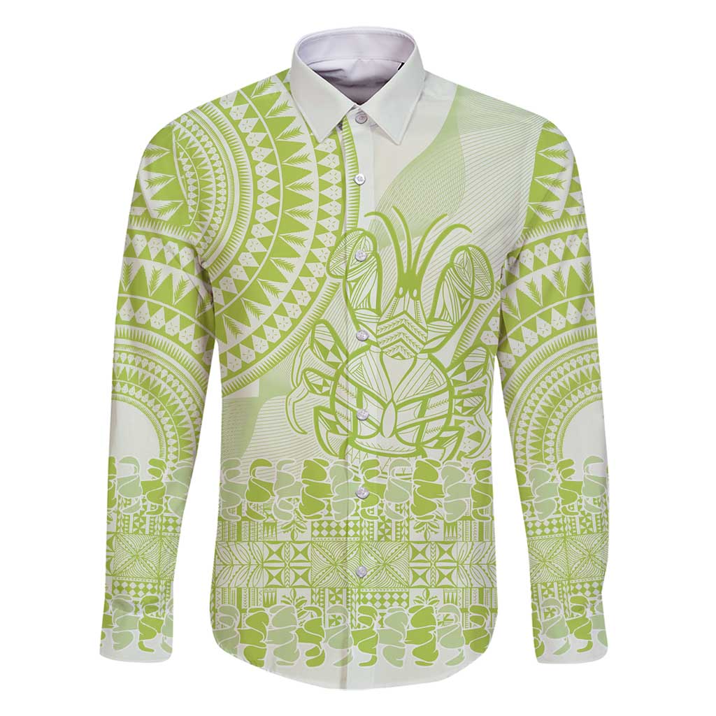 Lime Green Niue Language Week Family Matching Long Sleeve Bodycon Dress and Hawaiian Shirt The Rock Coconut Crab - Siapo Pattern LT14 Dad's Shirt - Long Sleeve Lime Green - Polynesian Pride