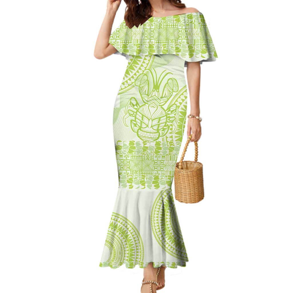 Lime Green Niue Language Week Family Matching Mermaid Dress and Hawaiian Shirt The Rock Coconut Crab - Siapo Pattern LT14 Mom's Dress Lime Green - Polynesian Pride
