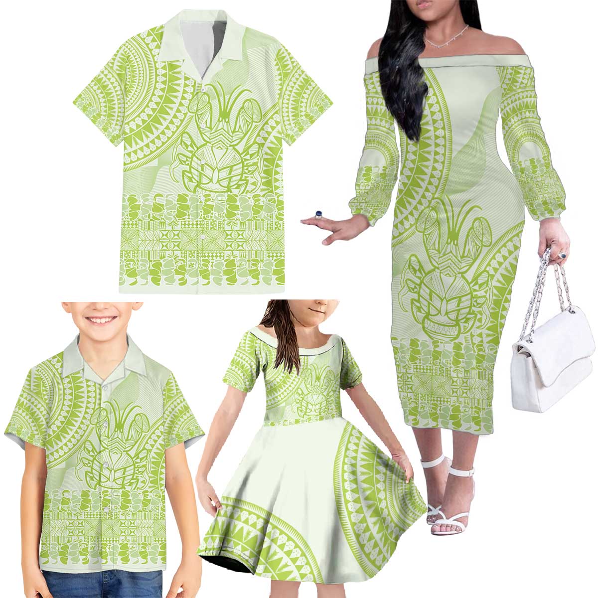 Lime Green Niue Language Week Family Matching Off The Shoulder Long Sleeve Dress and Hawaiian Shirt The Rock Coconut Crab - Siapo Pattern LT14 - Polynesian Pride