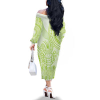 Lime Green Niue Language Week Family Matching Off The Shoulder Long Sleeve Dress and Hawaiian Shirt The Rock Coconut Crab - Siapo Pattern LT14 - Polynesian Pride