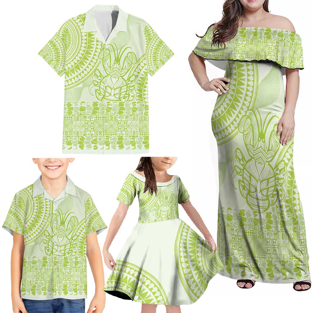 Lime Green Niue Language Week Family Matching Off Shoulder Maxi Dress and Hawaiian Shirt The Rock Coconut Crab - Siapo Pattern LT14 - Polynesian Pride