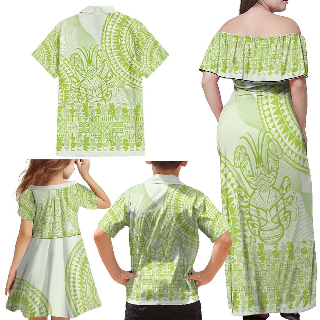 Lime Green Niue Language Week Family Matching Off Shoulder Maxi Dress and Hawaiian Shirt The Rock Coconut Crab - Siapo Pattern LT14 - Polynesian Pride