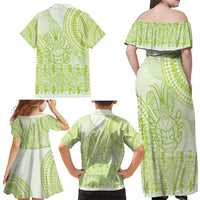 Lime Green Niue Language Week Family Matching Off Shoulder Maxi Dress and Hawaiian Shirt The Rock Coconut Crab - Siapo Pattern LT14 - Polynesian Pride
