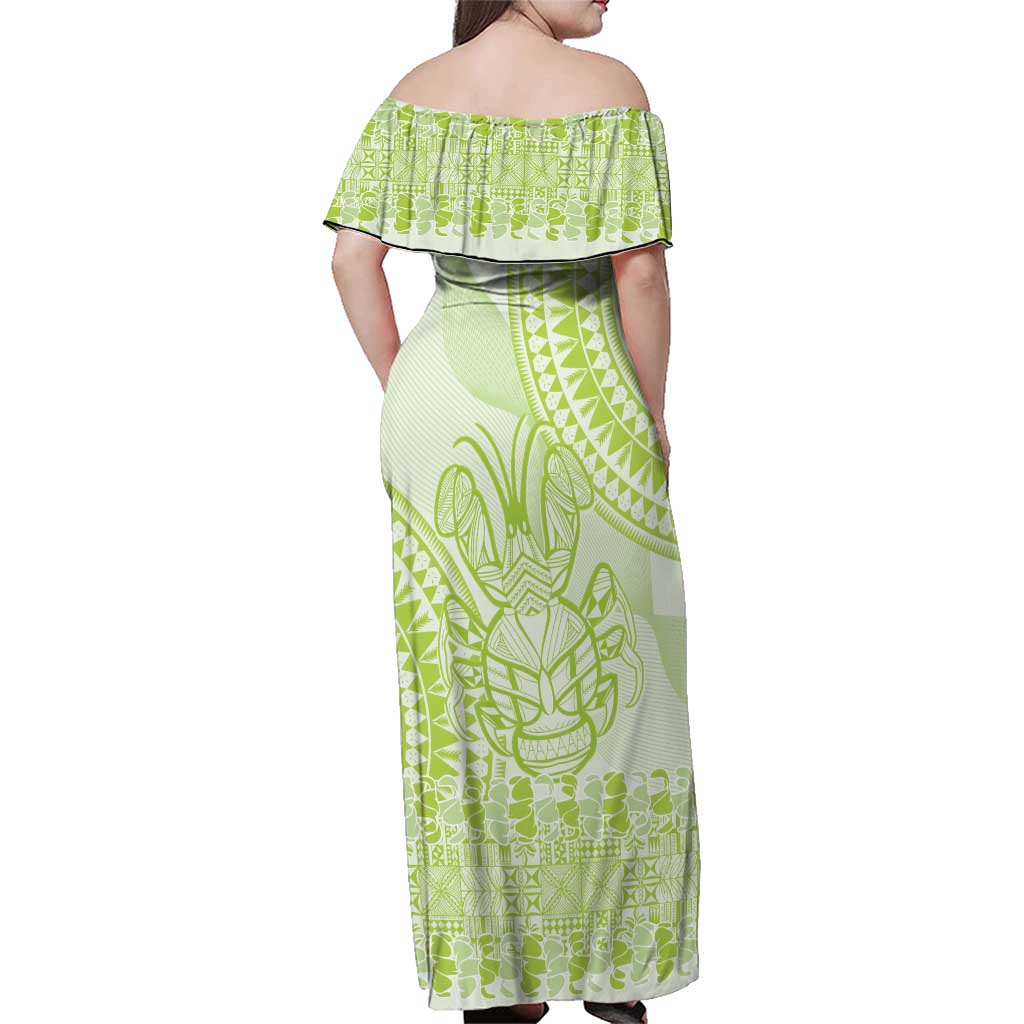 Lime Green Niue Language Week Family Matching Off Shoulder Maxi Dress and Hawaiian Shirt The Rock Coconut Crab - Siapo Pattern LT14 - Polynesian Pride