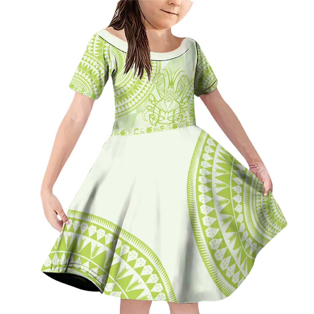 Lime Green Niue Language Week Family Matching Off Shoulder Short Dress and Hawaiian Shirt The Rock Coconut Crab - Siapo Pattern LT14 Daughter's Dress Lime Green - Polynesian Pride