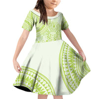 Lime Green Niue Language Week Family Matching Off Shoulder Short Dress and Hawaiian Shirt The Rock Coconut Crab - Siapo Pattern LT14 Daughter's Dress Lime Green - Polynesian Pride
