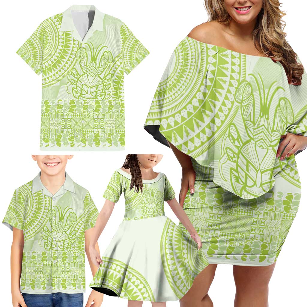 Lime Green Niue Language Week Family Matching Off Shoulder Short Dress and Hawaiian Shirt The Rock Coconut Crab - Siapo Pattern LT14 - Polynesian Pride