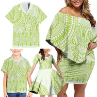 Lime Green Niue Language Week Family Matching Off Shoulder Short Dress and Hawaiian Shirt The Rock Coconut Crab - Siapo Pattern LT14 - Polynesian Pride