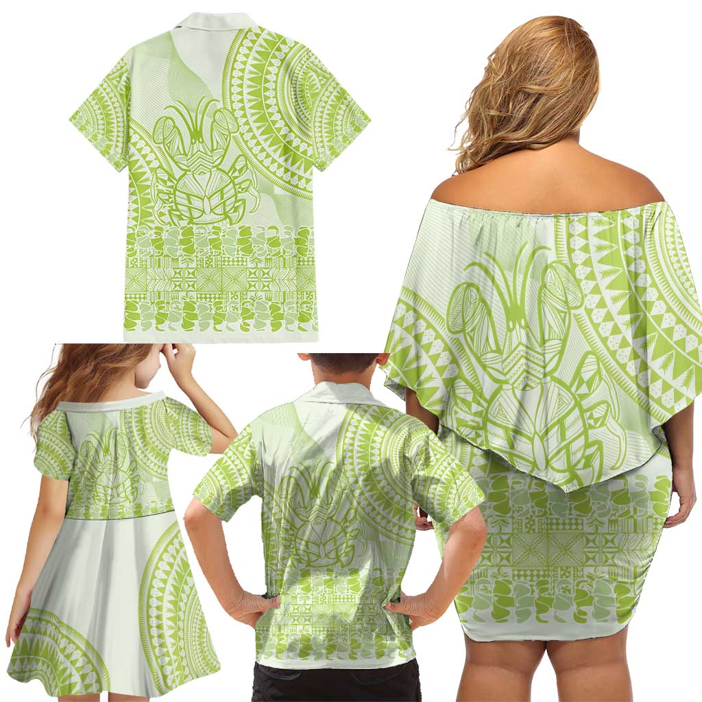 Lime Green Niue Language Week Family Matching Off Shoulder Short Dress and Hawaiian Shirt The Rock Coconut Crab - Siapo Pattern LT14 - Polynesian Pride