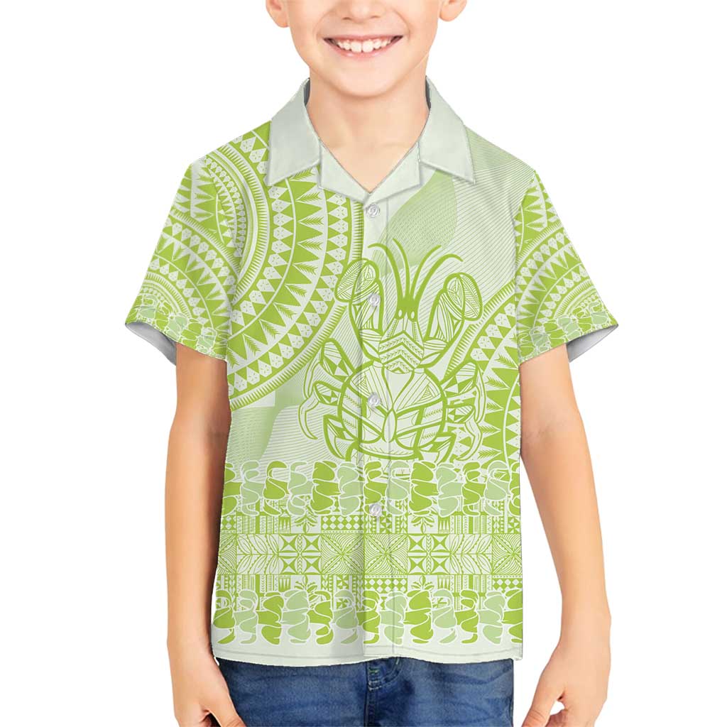 Lime Green Niue Language Week Family Matching Off Shoulder Short Dress and Hawaiian Shirt The Rock Coconut Crab - Siapo Pattern LT14 Son's Shirt Lime Green - Polynesian Pride