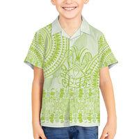 Lime Green Niue Language Week Family Matching Off Shoulder Short Dress and Hawaiian Shirt The Rock Coconut Crab - Siapo Pattern LT14 Son's Shirt Lime Green - Polynesian Pride