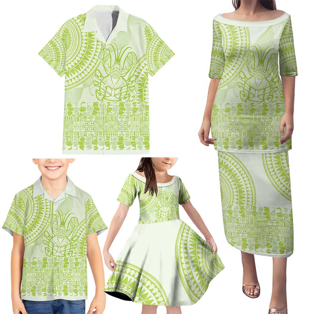 Lime Green Niue Language Week Family Matching Puletasi and Hawaiian Shirt The Rock Coconut Crab - Siapo Pattern LT14 - Polynesian Pride