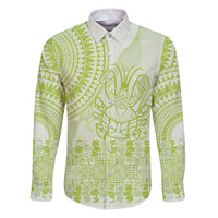Lime Green Niue Language Week Family Matching Puletasi and Hawaiian Shirt The Rock Coconut Crab - Siapo Pattern LT14 Dad's Shirt - Long Sleeve Lime Green - Polynesian Pride