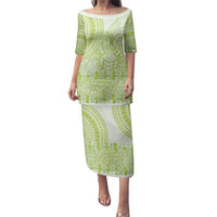 Lime Green Niue Language Week Family Matching Puletasi and Hawaiian Shirt The Rock Coconut Crab - Siapo Pattern LT14 Mom's Dress Lime Green - Polynesian Pride