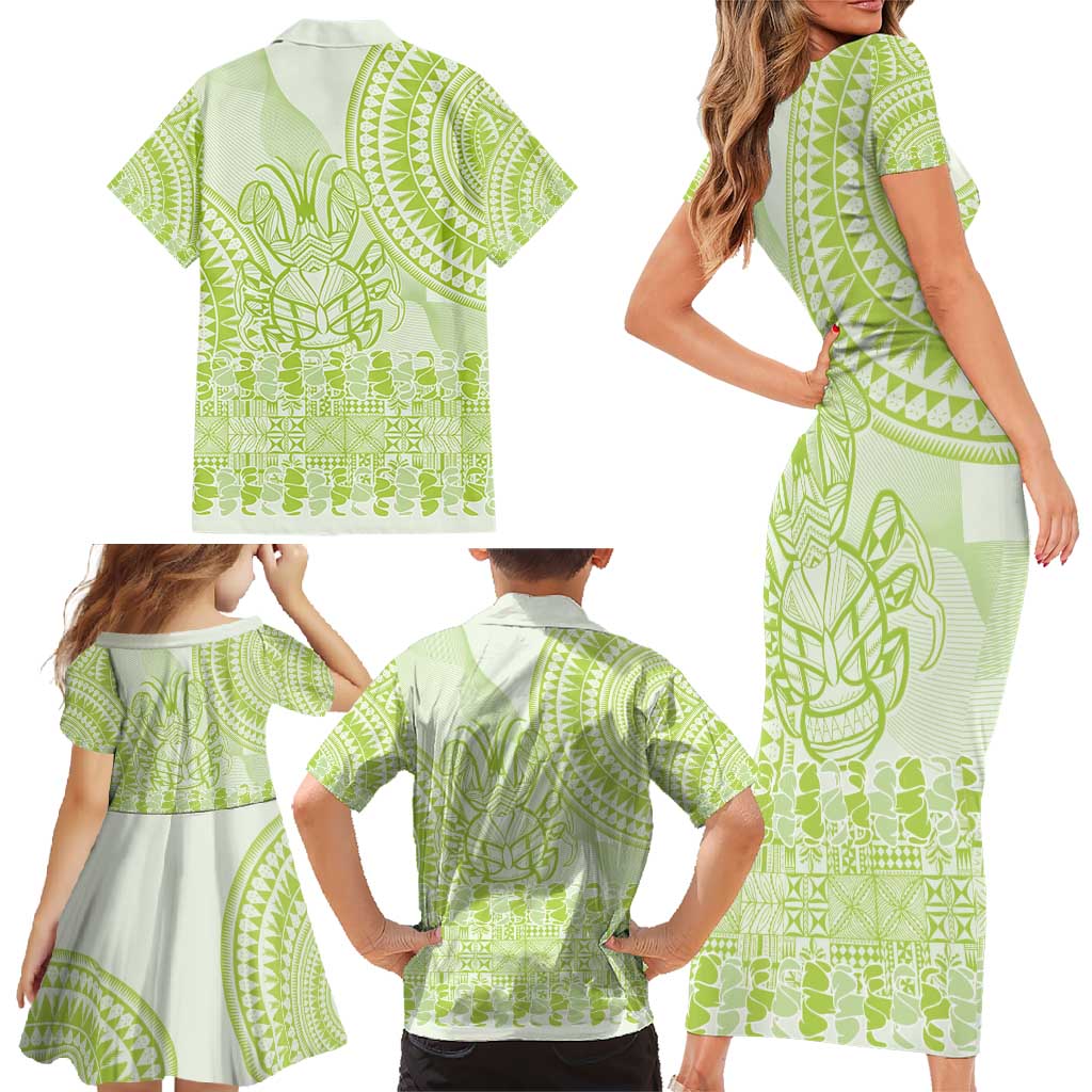 Lime Green Niue Language Week Family Matching Short Sleeve Bodycon Dress and Hawaiian Shirt The Rock Coconut Crab - Siapo Pattern LT14 - Polynesian Pride