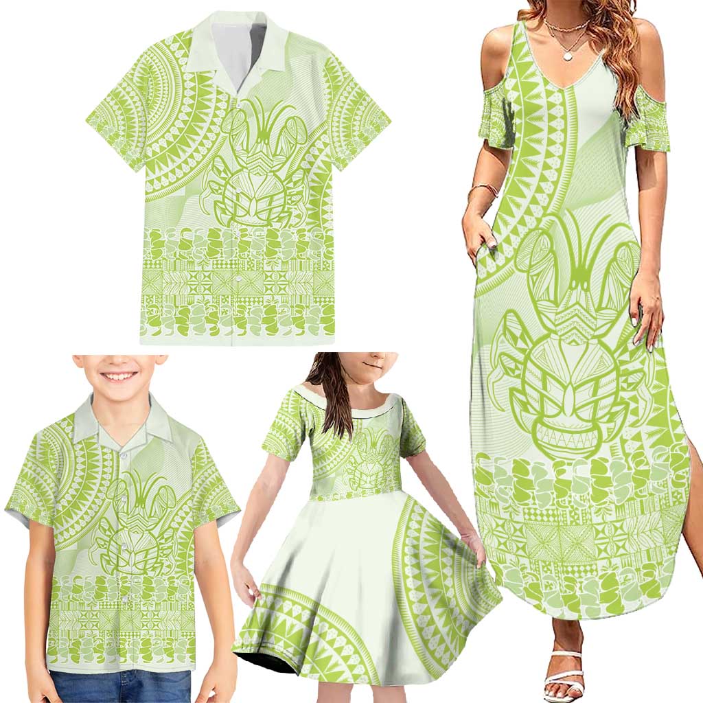 Lime Green Niue Language Week Family Matching Summer Maxi Dress and Hawaiian Shirt The Rock Coconut Crab - Siapo Pattern LT14 - Polynesian Pride