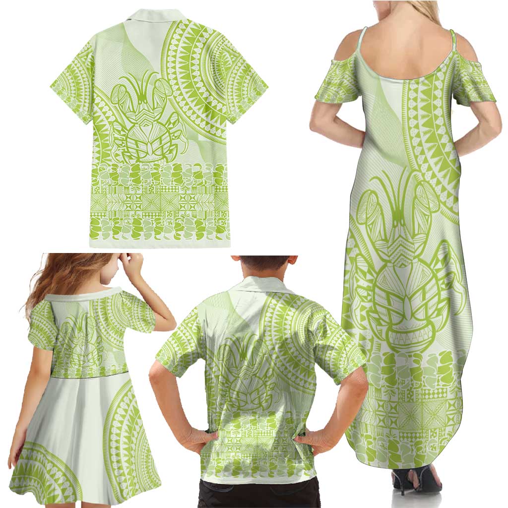 Lime Green Niue Language Week Family Matching Summer Maxi Dress and Hawaiian Shirt The Rock Coconut Crab - Siapo Pattern LT14 - Polynesian Pride