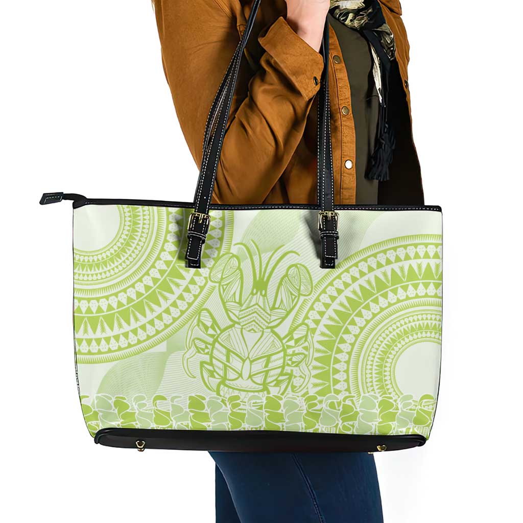 Lime Green Niue Language Week Leather Tote Bag The Rock Coconut Crab - Siapo Pattern LT14 - Polynesian Pride