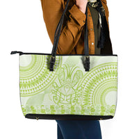 Lime Green Niue Language Week Leather Tote Bag The Rock Coconut Crab - Siapo Pattern LT14 - Polynesian Pride