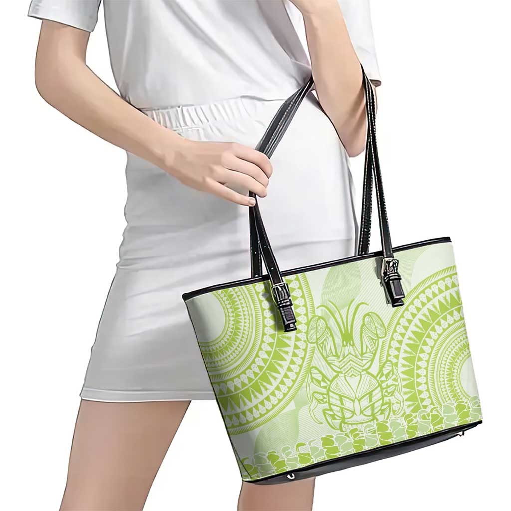 Lime Green Niue Language Week Leather Tote Bag The Rock Coconut Crab - Siapo Pattern LT14 - Polynesian Pride