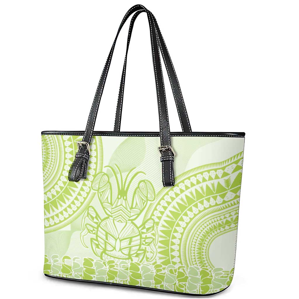 Lime Green Niue Language Week Leather Tote Bag The Rock Coconut Crab - Siapo Pattern LT14 - Polynesian Pride