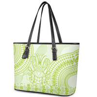 Lime Green Niue Language Week Leather Tote Bag The Rock Coconut Crab - Siapo Pattern LT14 - Polynesian Pride