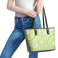 Lime Green Niue Language Week Leather Tote Bag The Rock Coconut Crab - Siapo Pattern LT14 - Polynesian Pride