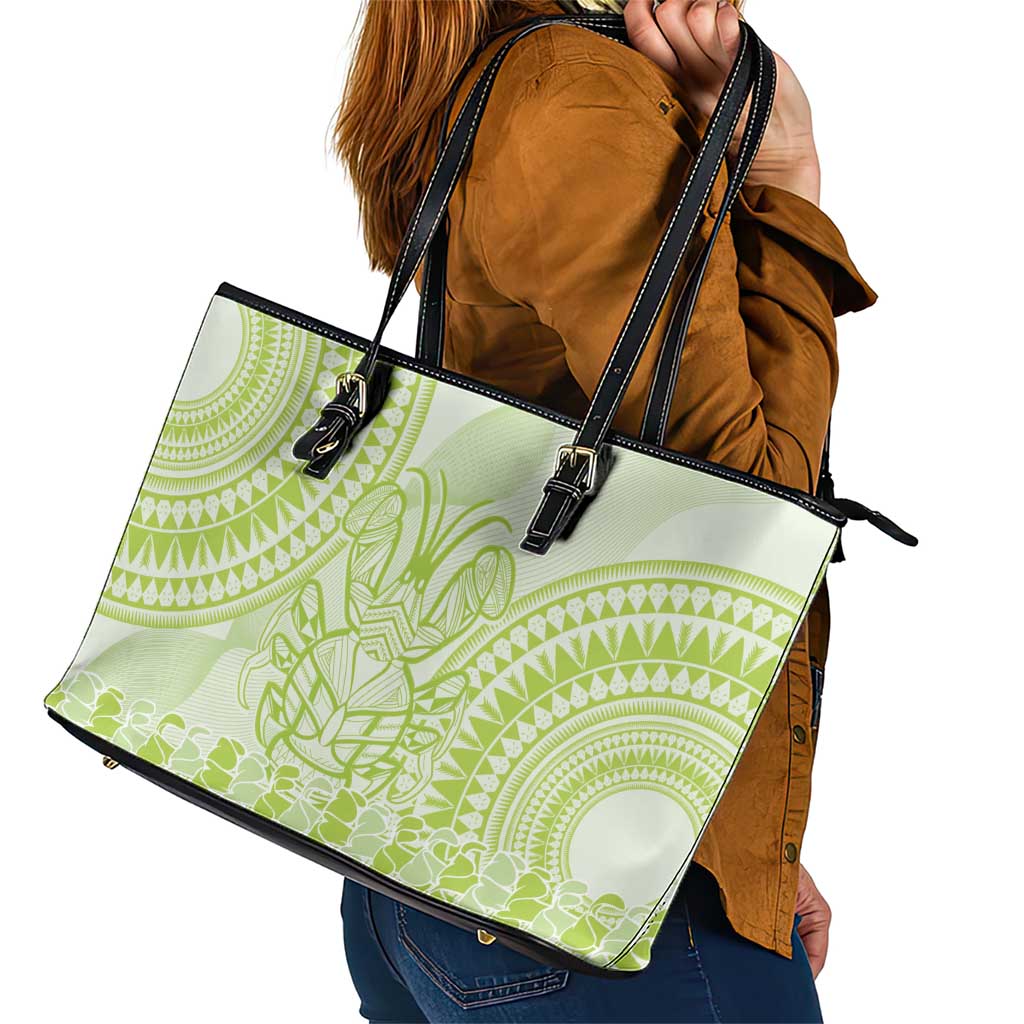 Lime Green Niue Language Week Leather Tote Bag The Rock Coconut Crab - Siapo Pattern LT14 - Polynesian Pride